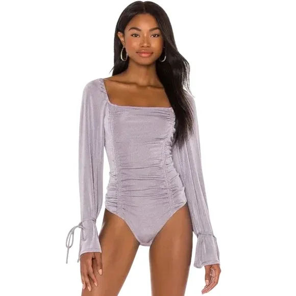 Free People Intimately Meant To Be Bodysuit Lavender Ruched Long Sleeve Cuff M - Picture 1 of 8